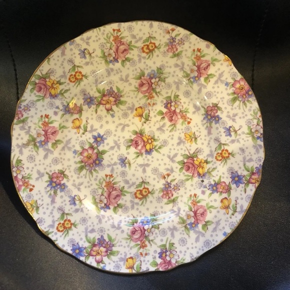 ROYAL WINTON ELEANOR CHINTZ DESSERT PLATE 6.5” D PINK PURPLE GOLD RIM ENGLAND - Picture 2 of 12